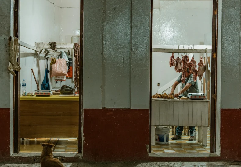 A butcher working in a shop at night with a dog outside, creating a serene atmosphere.