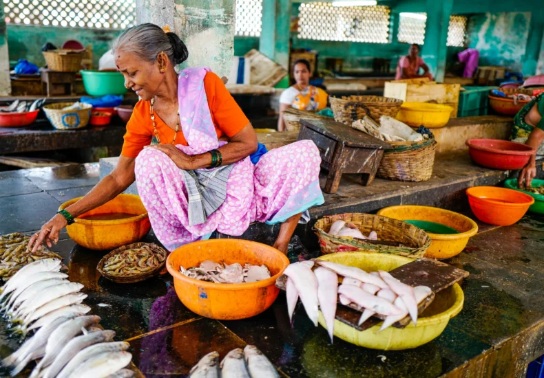 A vibrant Indian fish market with women selling fresh seafood in Bandoli, India.