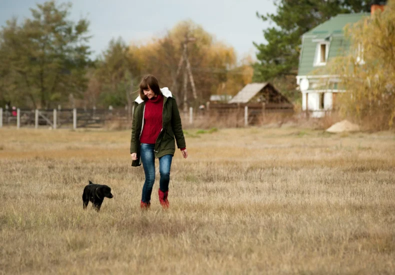 A woman walks her dog in a wide open countryside field on a sunny day.