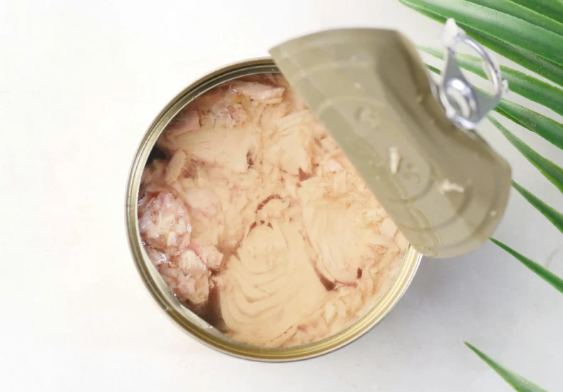 Open can of tuna on a light background with a decorative leaf. Ideal for food packaging visuals.