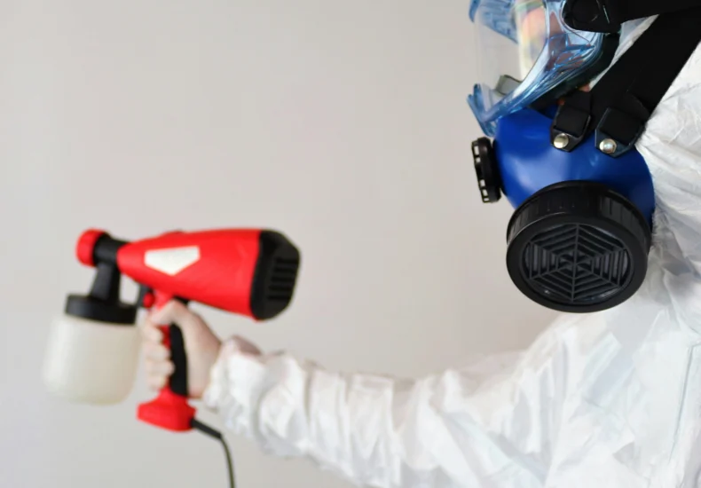 A worker in protective gear uses a disinfectant spray indoors.