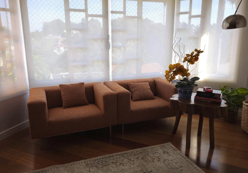 A stylish, minimalist living room interior featuring a cozy sofa, side table with plants, and natural light.