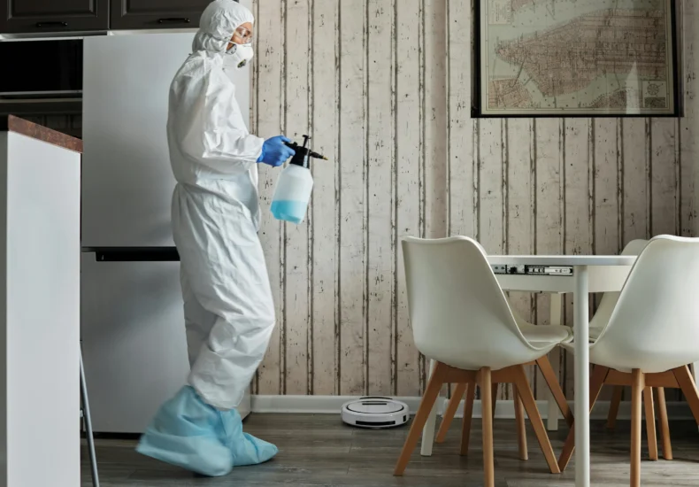 Person in protective suit using disinfectant in a contemporary living area during the COVID-19 pandemic.