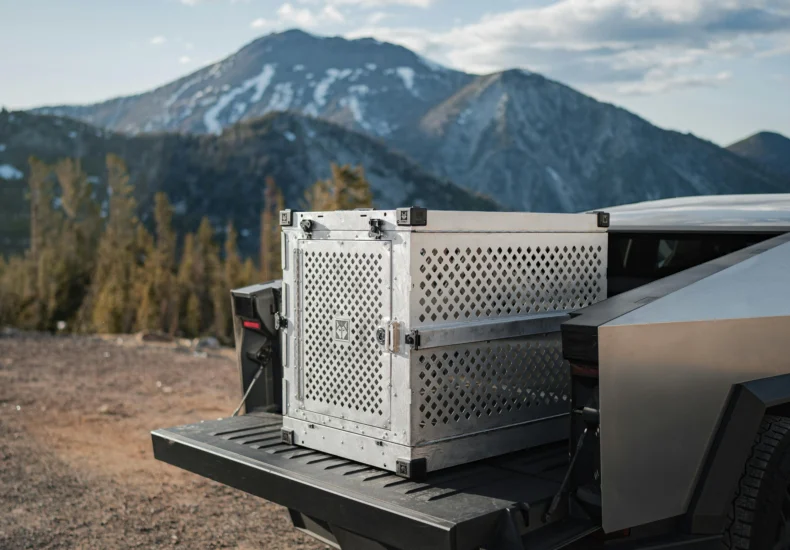 High-tech Tesla Cybertruck featuring a metal dog crate against a stunning mountain backdrop.