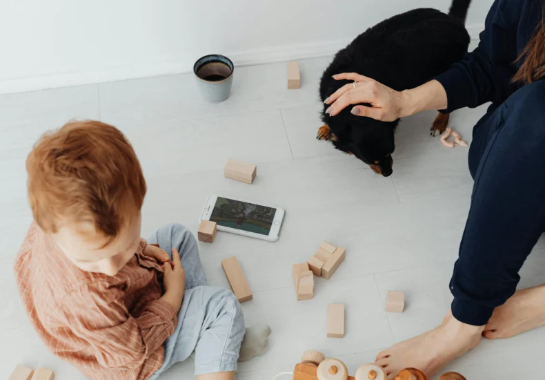 A child playing with wooden blocks alongside a pet dog and adult, creating a warm family atmosphere.