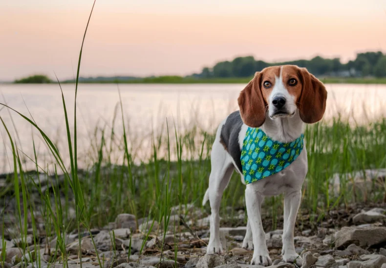 Adorable beagle on rocky lake shore during sunset, wearing a stylish bandana. Captured in Deux-Montagnes, QC, Canada.