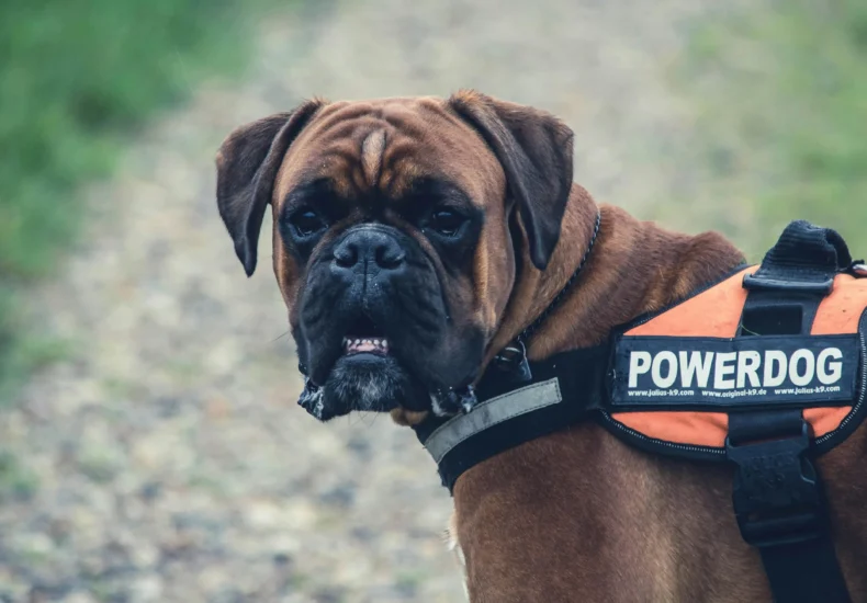 Brown boxer dog wearing a Powerdog harness in an outdoor park setting looking alert and focused.