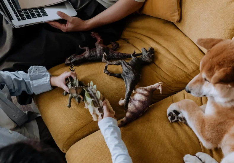 Children playing with dinosaur toys on a sofa while a dog observes. Overhead shot with fun vibe.