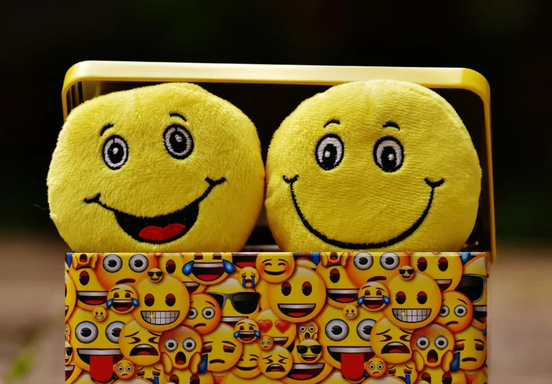 Two yellow smiley plush toys in an emoji-themed box, expressing fun and happiness.