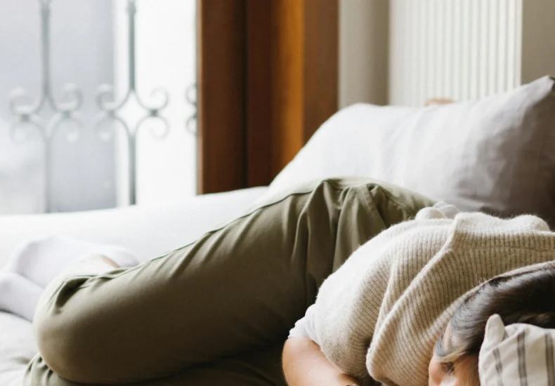 Person napping with a Shiba Inu on a comfy indoor sofa, radiating warmth and relaxation.